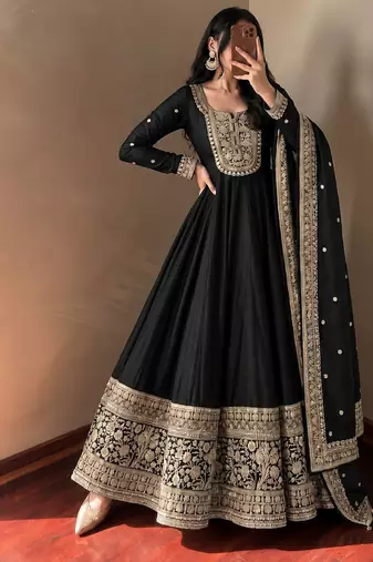 Women's black heavy zari & sequins work anarkali suit set with straight pant and embroidered dupatta