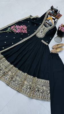Women's black heavy zari & sequins work anarkali suit set with straight pant and embroidered dupatta 4