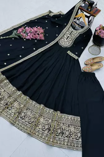 Women's black heavy zari & sequins work anarkali suit set with straight pant and embroidered dupatta
