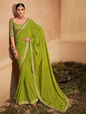 green embroidered leheriya saree 1