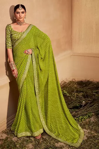 green embroidered leheriya saree