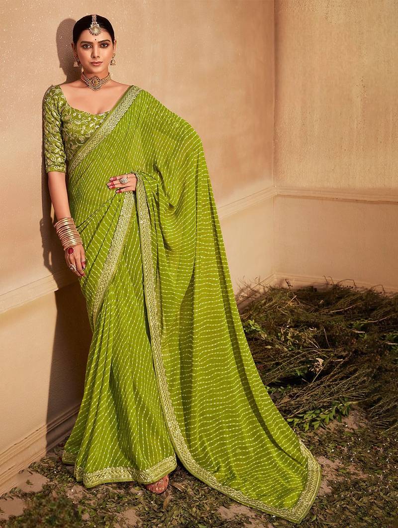green embroidered leheriya saree