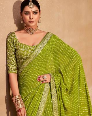 green embroidered leheriya saree 2