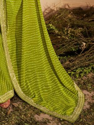 green embroidered leheriya saree 3