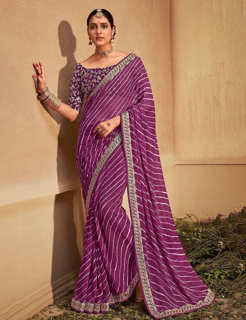 purple leheriya embroidered saree