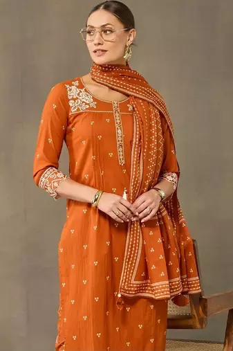 women ethnic motifs embroidered regular thread work cotton kurta with trousers & with dupatta