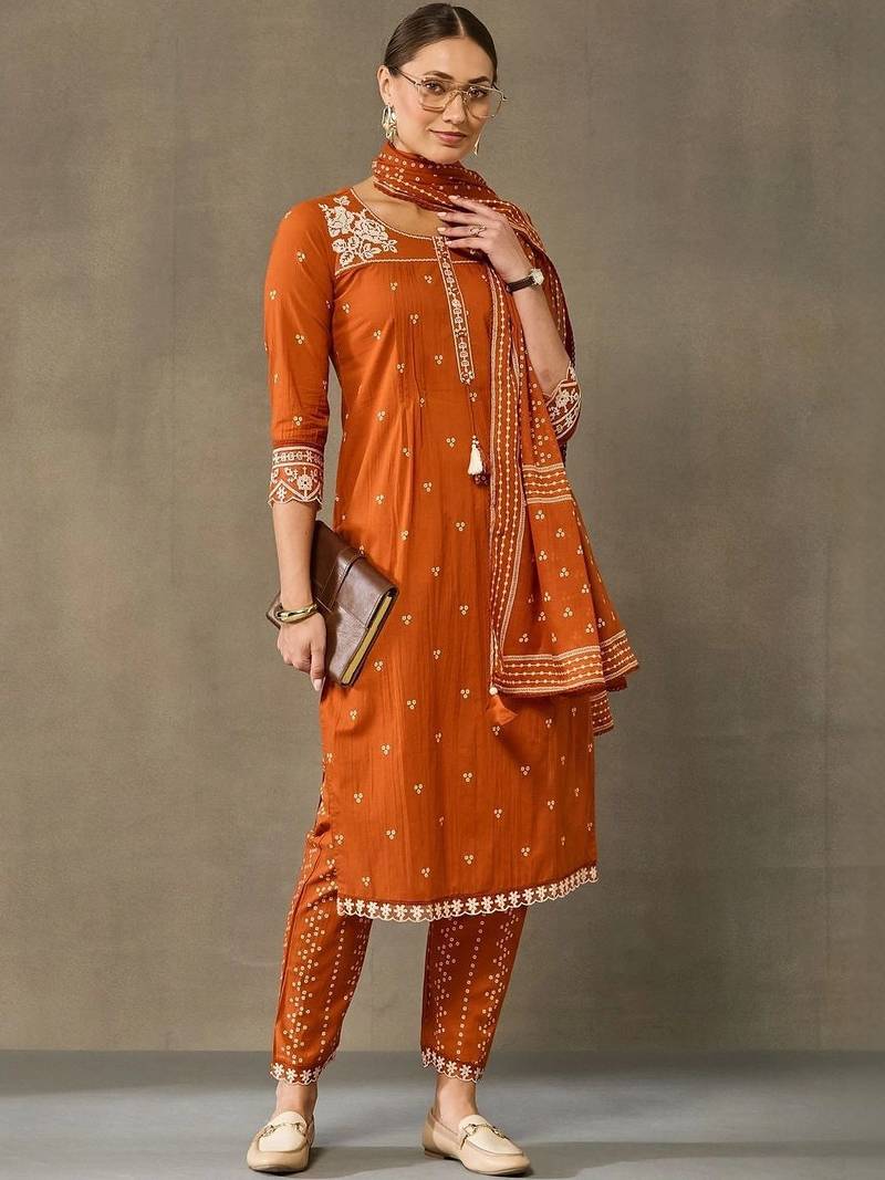 women ethnic motifs embroidered regular thread work cotton kurta with trousers & with dupatta
