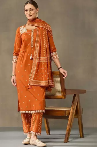 women ethnic motifs embroidered regular thread work cotton kurta with trousers & with dupatta
