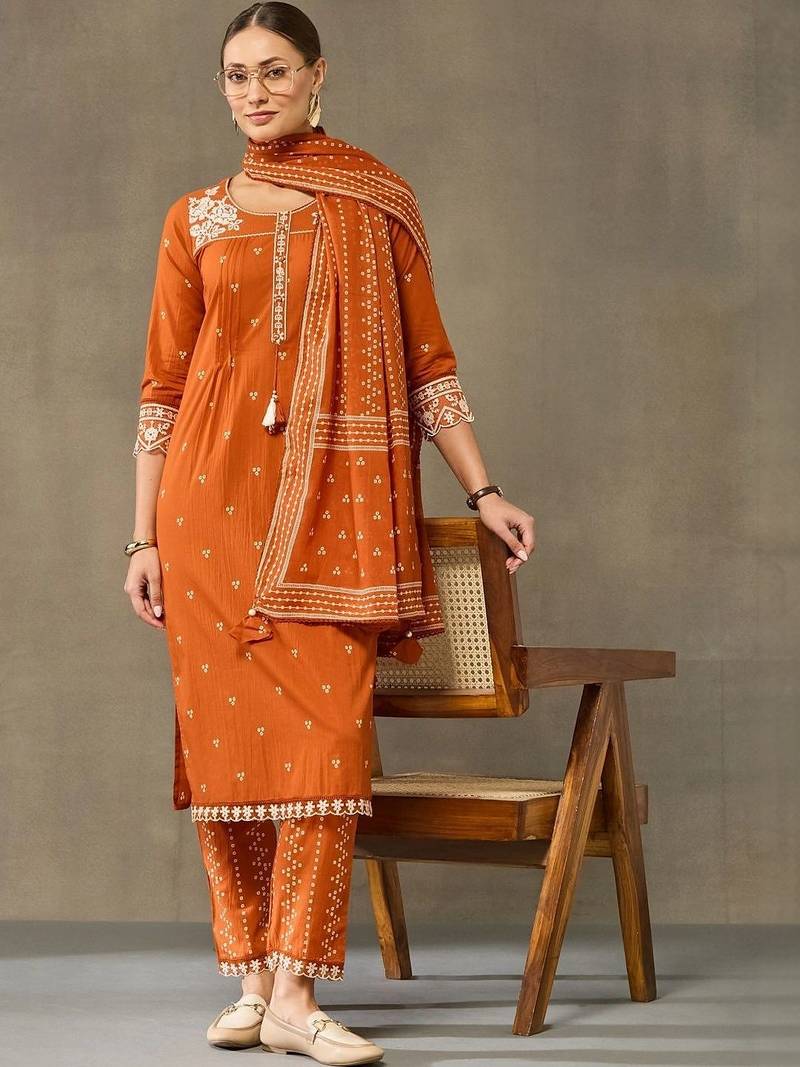 women ethnic motifs embroidered regular thread work cotton kurta with trousers & with dupatta