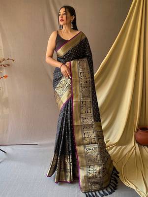 black black & gold-toned geometric woven design zari kanjeevaram saree 1