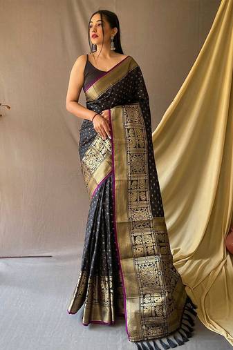 black black & gold-toned geometric woven design zari kanjeevaram saree