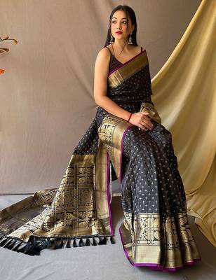 black black & gold-toned geometric woven design zari kanjeevaram saree 2
