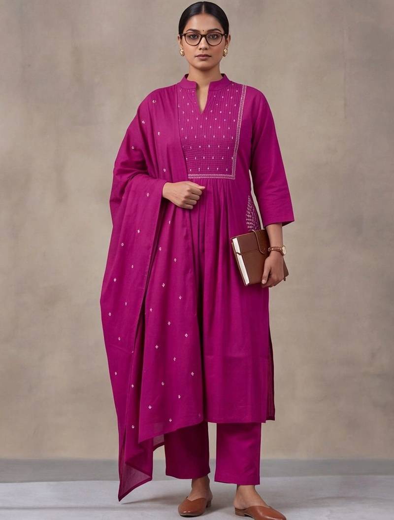 women floral embroidered regular thread work cotton kurta with trousers & with dupatta