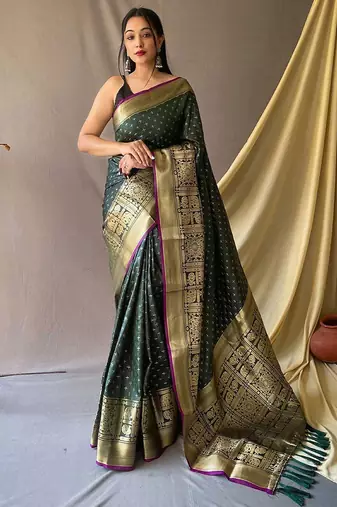 green green & gold-toned geometric woven design zari kanjeevaram saree