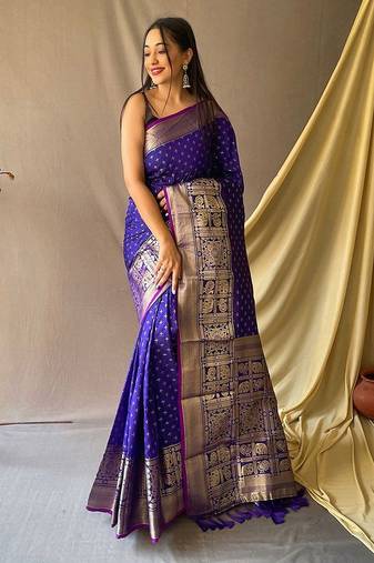 blue blue & gold-toned geometric woven design zari kanjeevaram saree