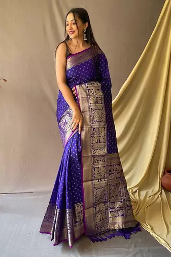 blue blue & gold-toned geometric woven design zari kanjeevaram saree