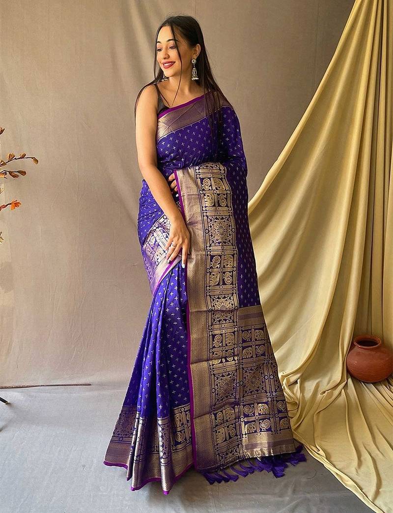 blue blue & gold-toned geometric woven design zari kanjeevaram saree