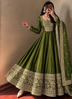 Women's green heavy zari & sequins work anarkali suit set with straight pant and embroidered dupatta 1