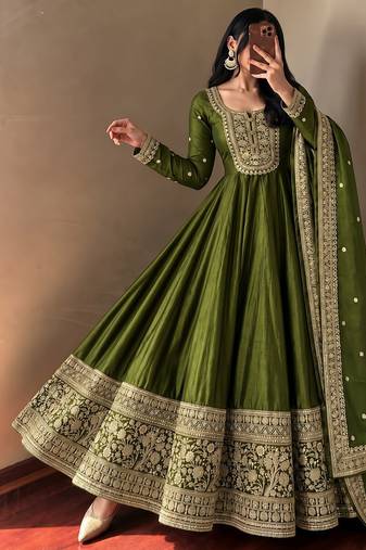 Women's green heavy zari & sequins work anarkali suit set with straight pant and embroidered dupatta