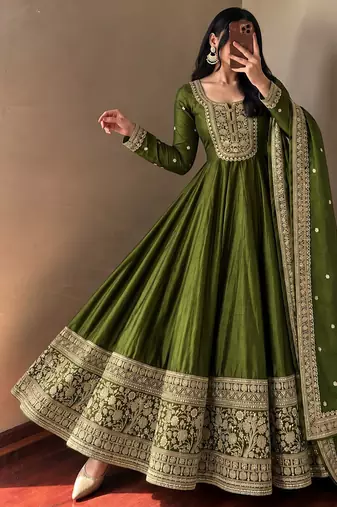 Women's green heavy zari & sequins work anarkali suit set with straight pant and embroidered dupatta