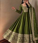Women's green heavy zari & sequins work anarkali suit set with straight pant and embroidered dupatta