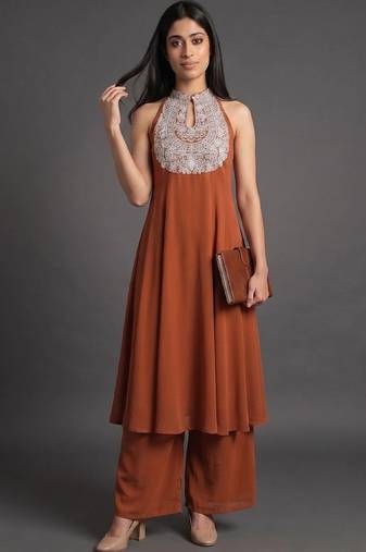 women ethnic motifs embroidered panelled thread work silk georgette kurta with palazzos