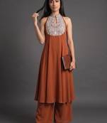 women ethnic motifs embroidered panelled thread work silk georgette kurta with palazzos