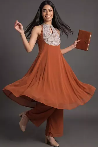 women ethnic motifs embroidered panelled thread work silk georgette kurta with palazzos