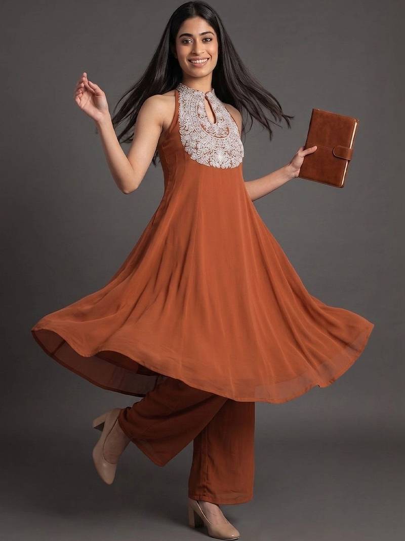 women ethnic motifs embroidered panelled thread work silk georgette kurta with palazzos