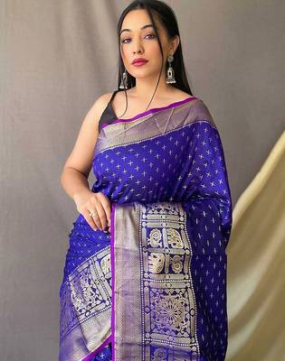 blue blue & gold-toned geometric woven design zari kanjeevaram saree 3