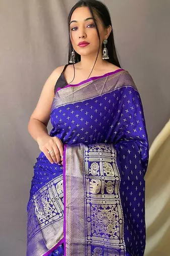 blue blue & gold-toned geometric woven design zari kanjeevaram saree