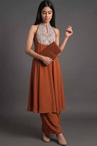 women ethnic motifs embroidered panelled thread work silk georgette kurta with palazzos