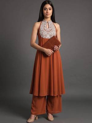 women ethnic motifs embroidered panelled thread work silk georgette kurta with palazzos 6