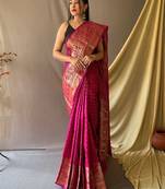pink pink & gold-toned geometric woven design zari kanjeevaram saree