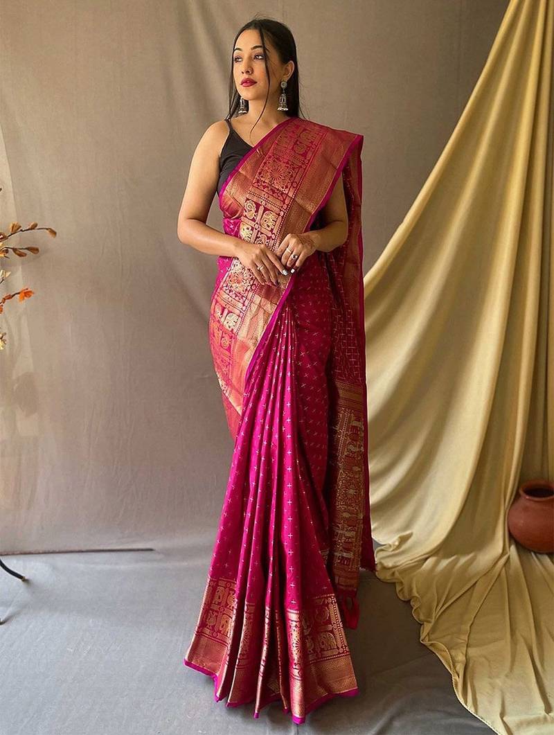pink pink & gold-toned geometric woven design zari kanjeevaram saree