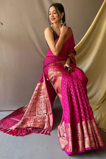 pink pink & gold-toned geometric woven design zari kanjeevaram saree