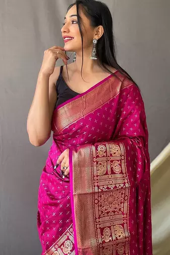 pink pink & gold-toned geometric woven design zari kanjeevaram saree