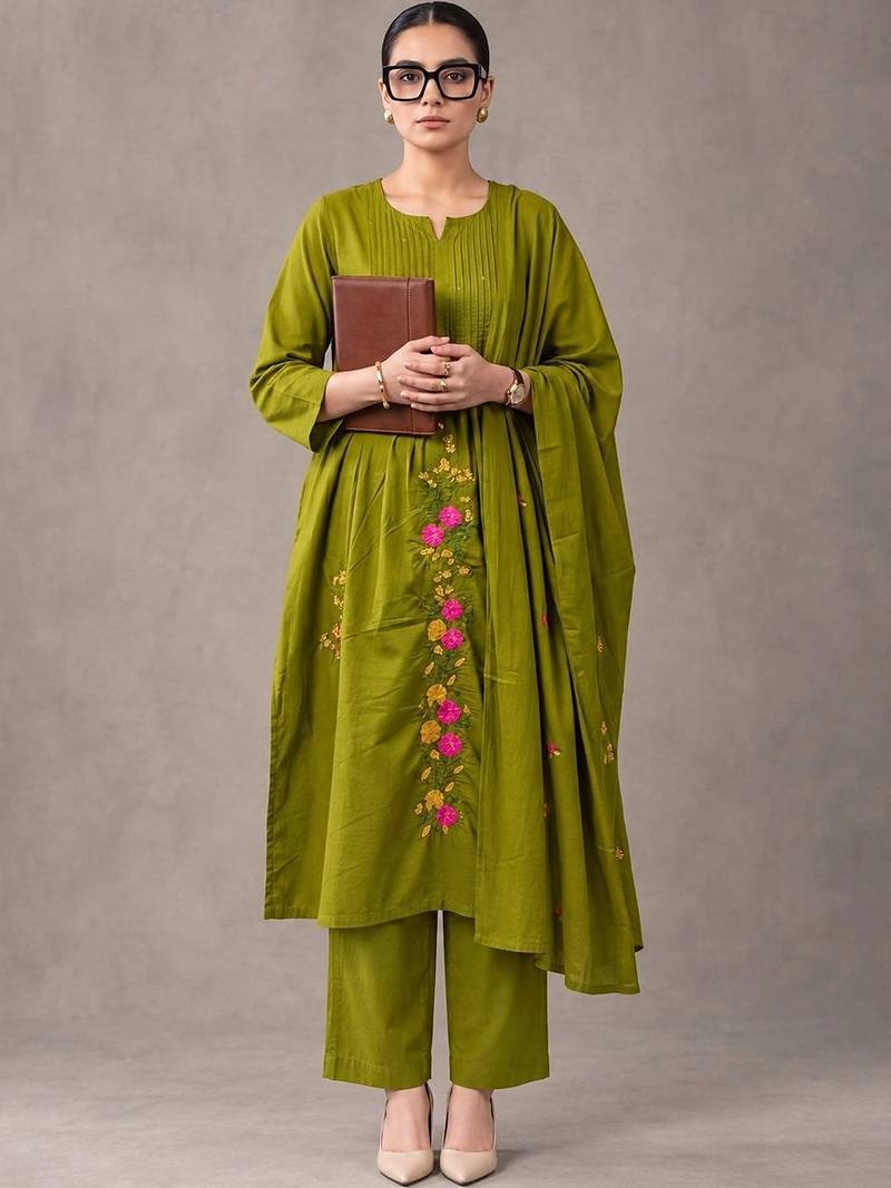 women floral embroidered empire thread work cotton kurta with trousers & with dupatta