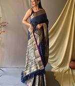 navy_blue navy blue & white geometric woven design zari silk blend kanjeevaram saree