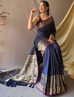 navy_blue navy blue & white geometric woven design zari silk blend kanjeevaram saree 2