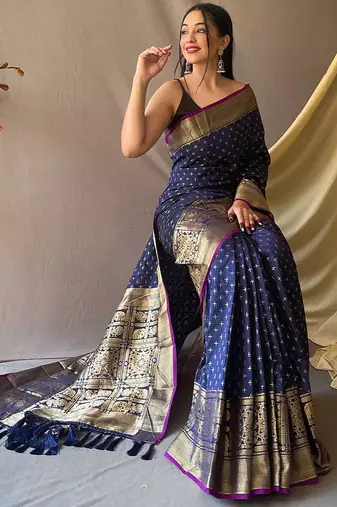 navy_blue navy blue & white geometric woven design zari silk blend kanjeevaram saree