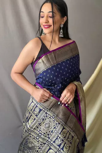 navy_blue navy blue & white geometric woven design zari silk blend kanjeevaram saree