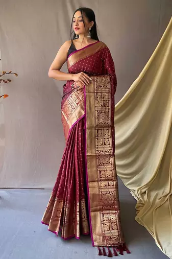 maroon ethnic motifs woven design zari kanjeevaram saree