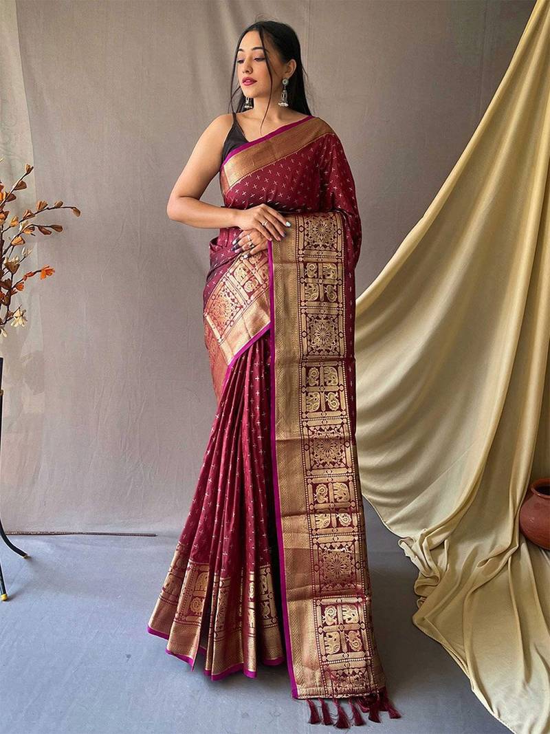 maroon ethnic motifs woven design zari kanjeevaram saree