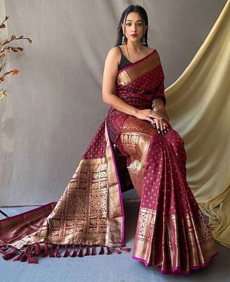 maroon ethnic motifs woven design zari kanjeevaram saree 2