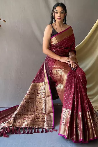 maroon ethnic motifs woven design zari kanjeevaram saree