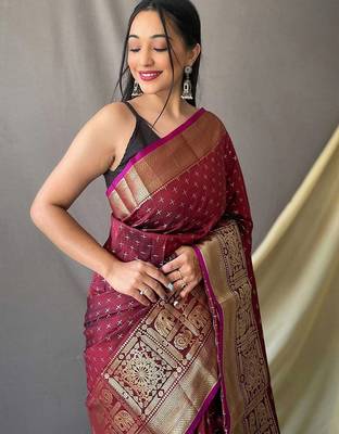 maroon ethnic motifs woven design zari kanjeevaram saree 3