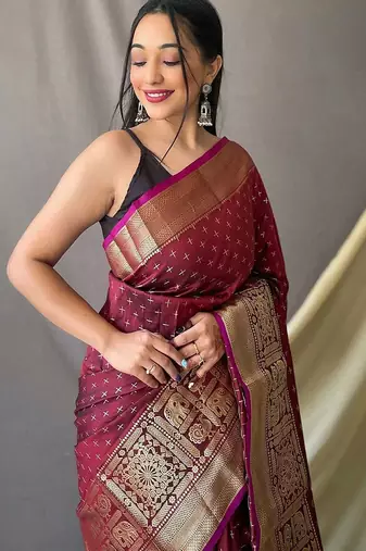 maroon ethnic motifs woven design zari kanjeevaram saree