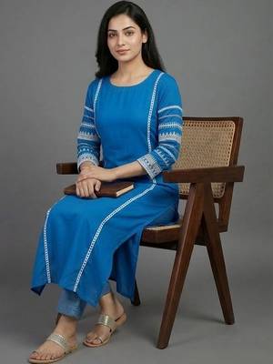 women ethnic motifs embroidered regular thread work kurta with trousers 6
