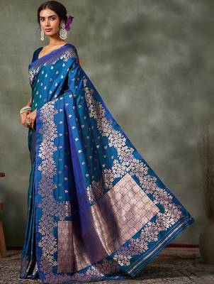 teal woven design silk blend banarasi saree 1